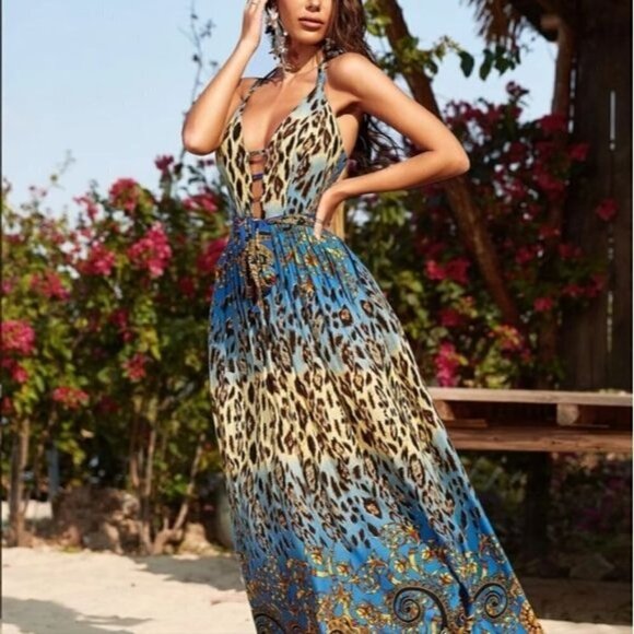 LEOPARD BACKLESS PLUNGING SPAGHETTI STRAP PREMIUM QUALITY DRESS - Picture 11 of 16